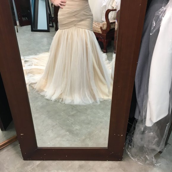 Sample Champagne Asymmetrical Ruched Fit & Flare Wedding Dress, Corset Laceup - Picture 6 of 12